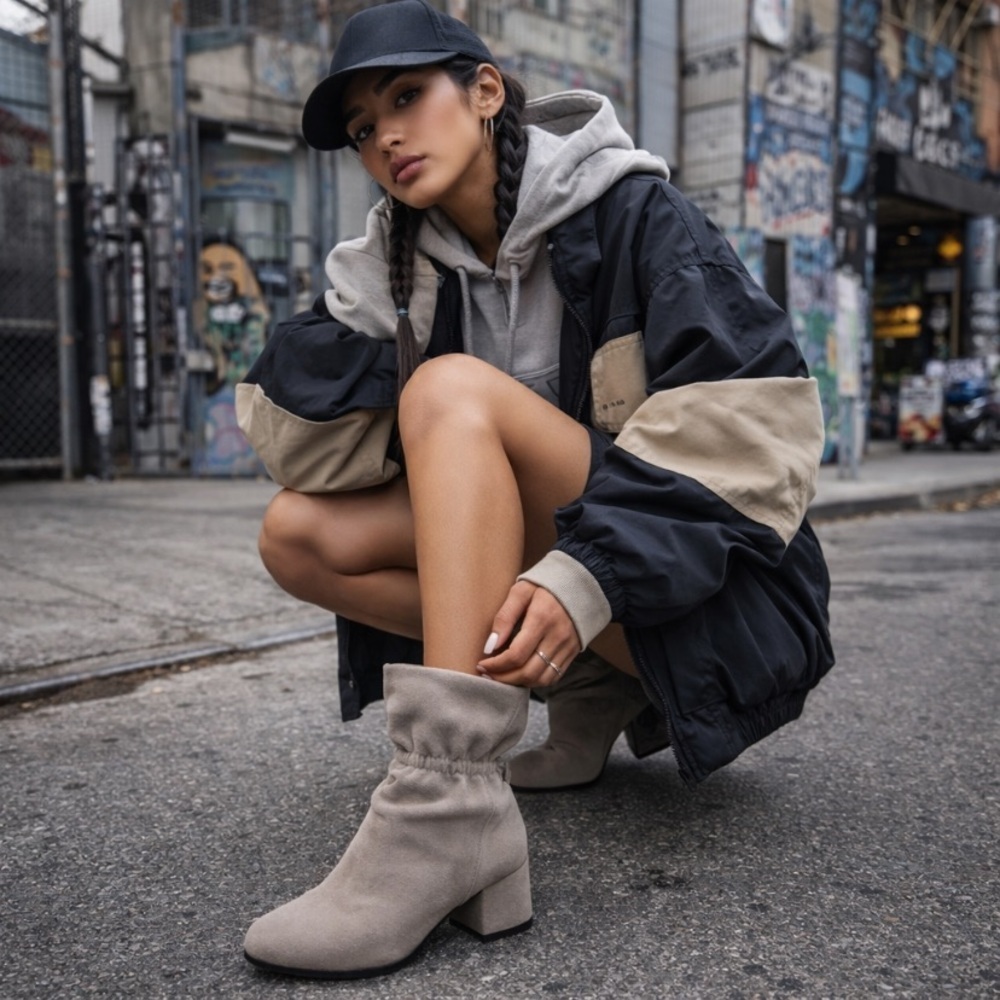 Public Desire Gray Faux Suede Slouch Block Heeled Streetwear Ankle Boots Size 6